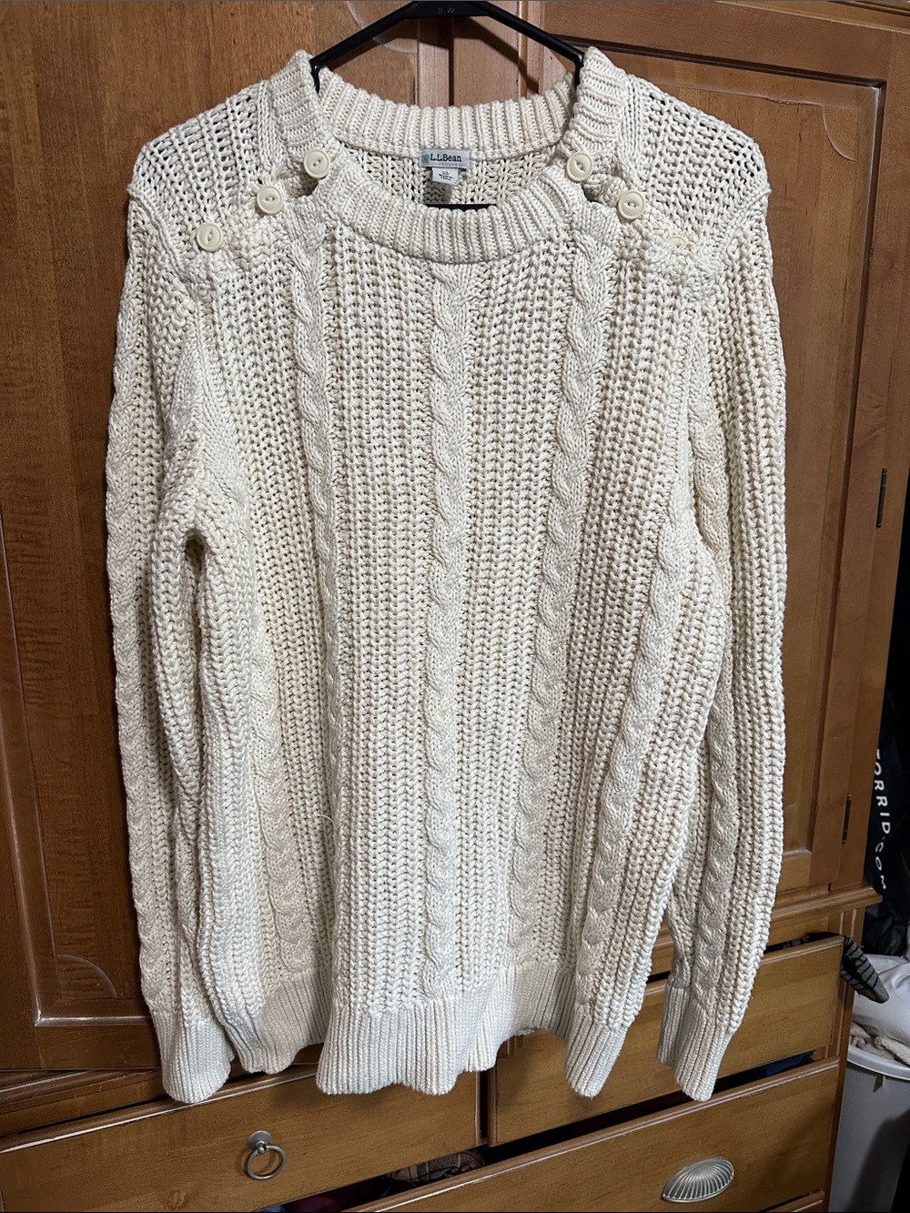 L.L. Bean Cream Cable-Knit Button-Shoulder Sweater